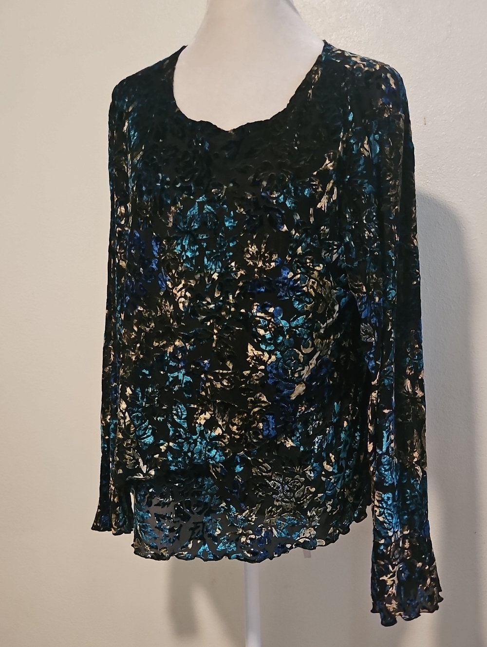 Vintage Coldwater Creek Black Velvet Burnout Floral Tiered Top Medium